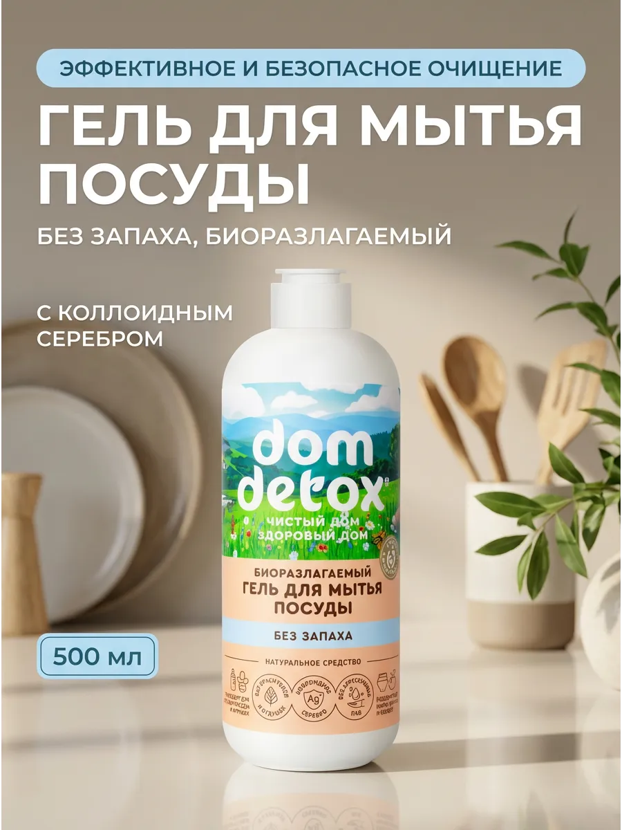 Гель для мытья посуды «dom detox» *БЕЗ ЗАПАХА* Биоразлагаемый 500мл.