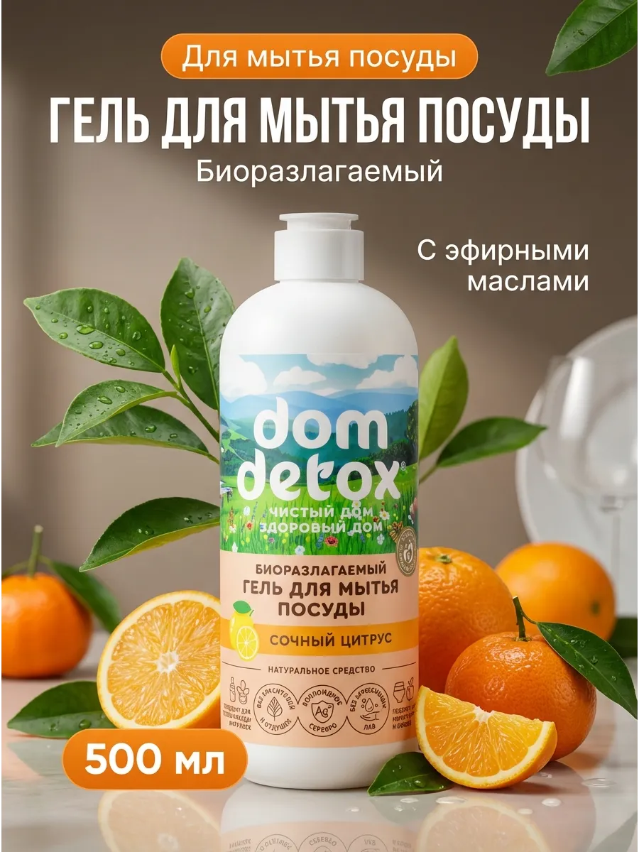 Гель для мытья посуды «dom detox» *СОЧНЫЙ ЦИТРУС* Биоразлагаемый 500мл.